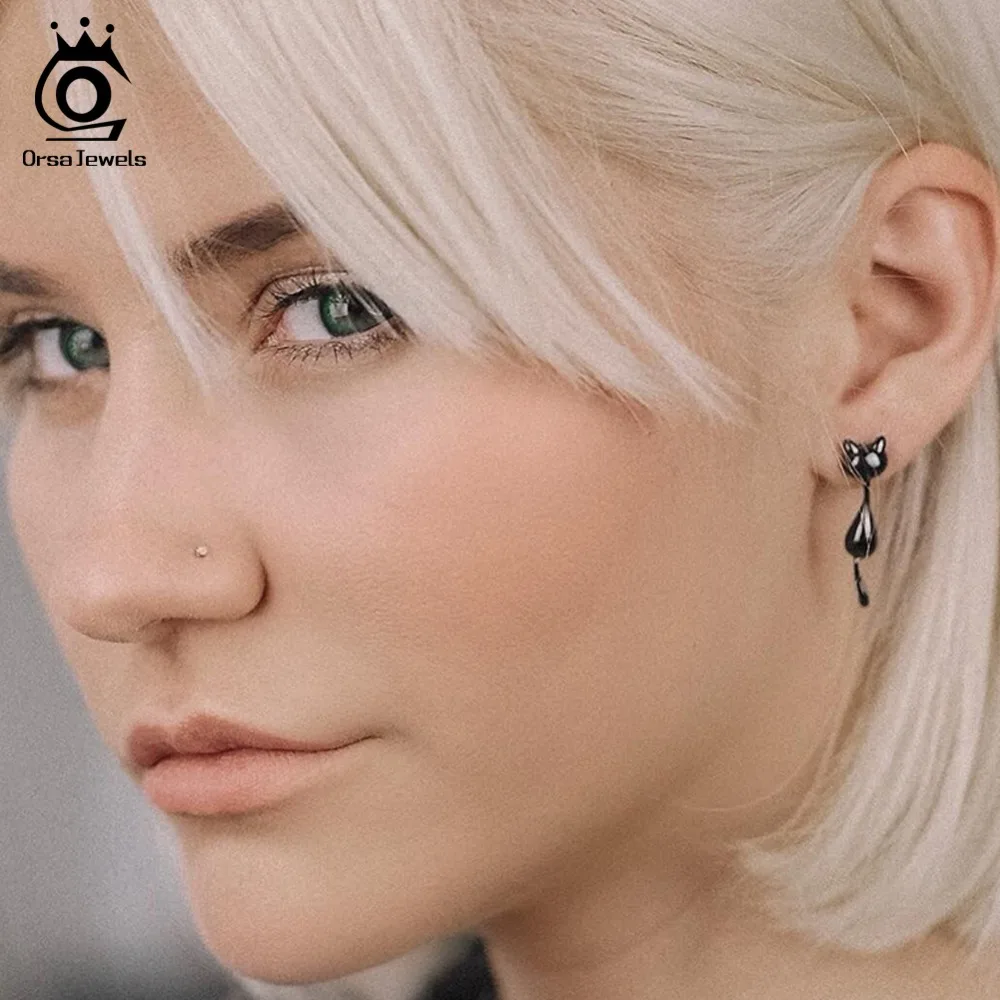 ORSA JEWELS твердые серьги-гвоздики из стерлингового серебра для женщин, Висячие Милая Черная кошка хвост может двигаться девушка серебряные ювелирные изделия SE90