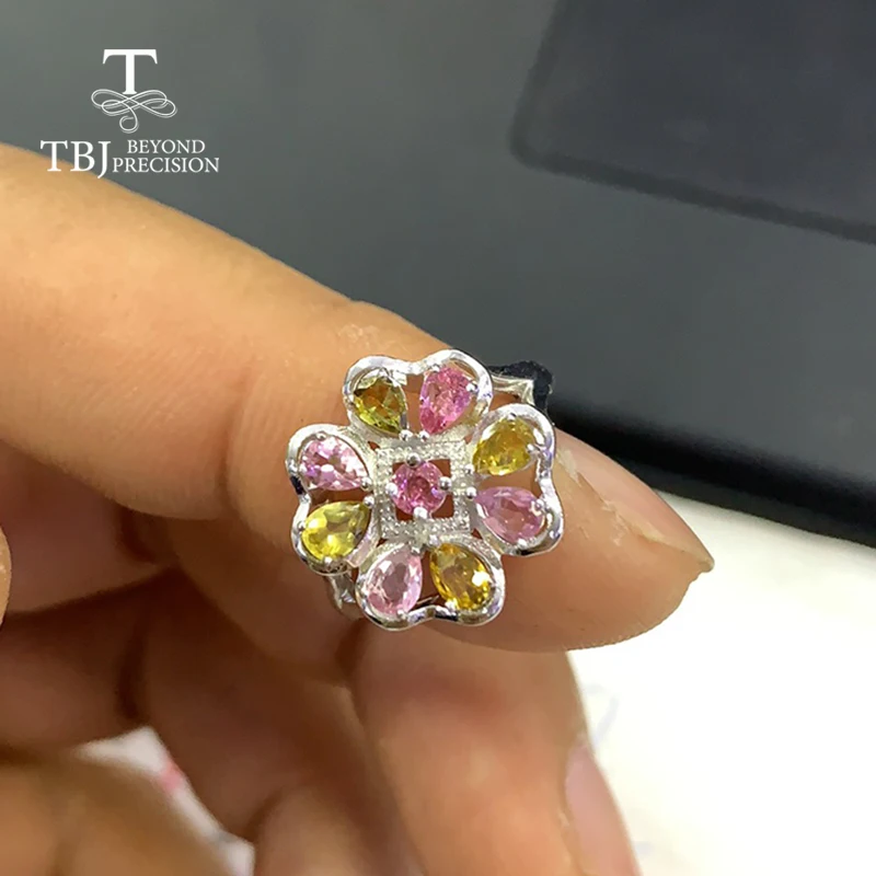 TBJ, многоцветное кольцо с турмалином, натуральный бразильский драгоценный камень, простой цветочный дизайн, серебро 925 пробы, модное ювелирное изделие для женщин, подарок