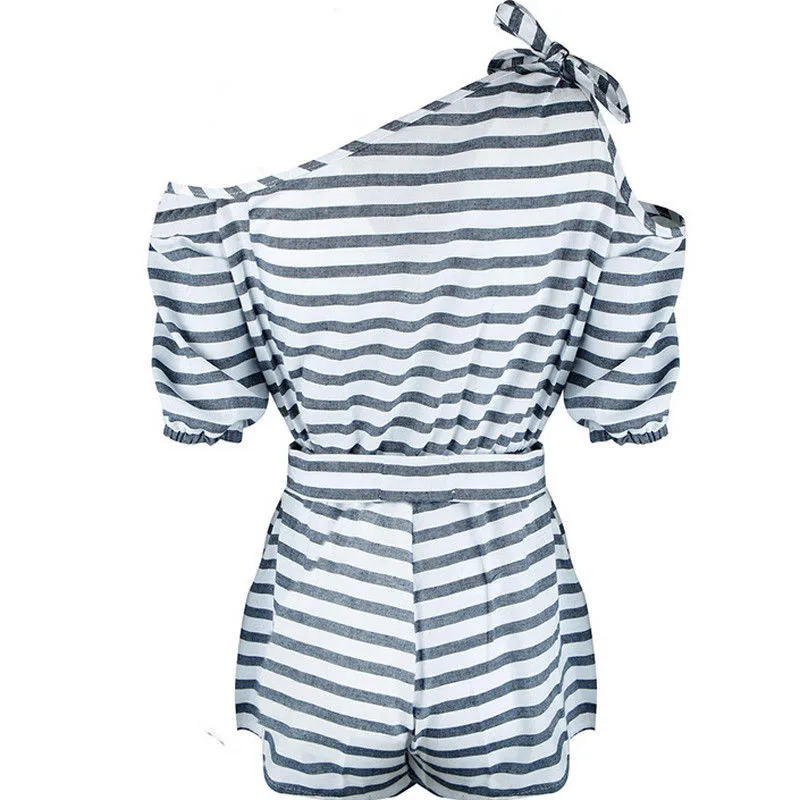 

2018 New women ladies summer half sleeve off shoulder bandage playsuits irregular collar striped sexy casual loose playsuits