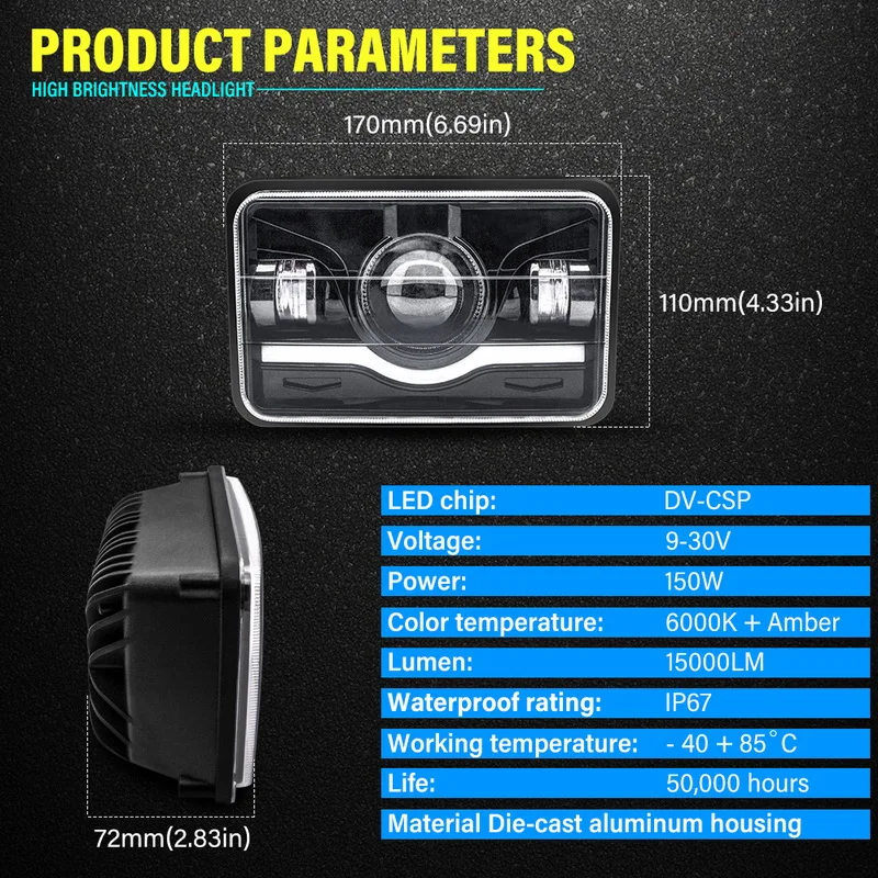 

Safego 2pcs 5" 4X6 150W Square Wrangler LED Headlight DRL High Low Beam For Truck Offroad 4x4 Motorcycle ATV SUV Amber White