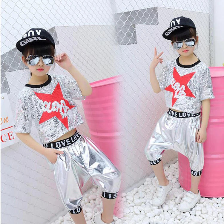 Костюм для девочек и мальчиков с блестками бальных танцев джаз хип-хоп костюм