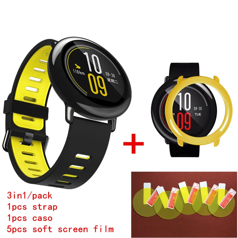 3в1 Huami Amazfit Stratos 2 силиконовый ремешок 22 мм+ TPU caso+ 5 шт. мягкая пленка для экрана для xiaomi Huami Amazfit Pace ремешок для часов - Цвет: Yellow plus Yellow