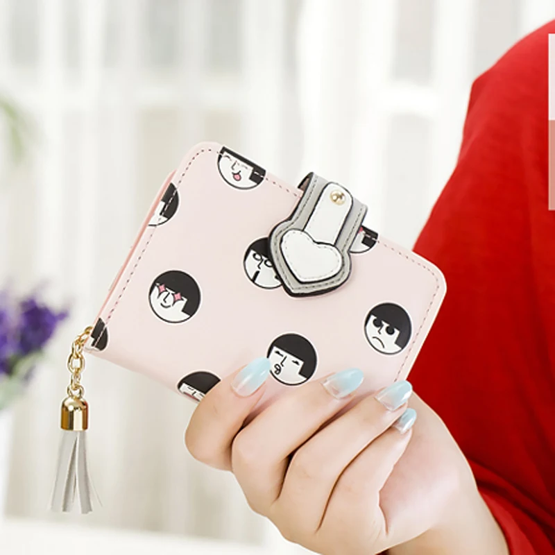 Кожаный мини кошелек с застежкой в три сложения Корейском стиле рисунком кота 2018