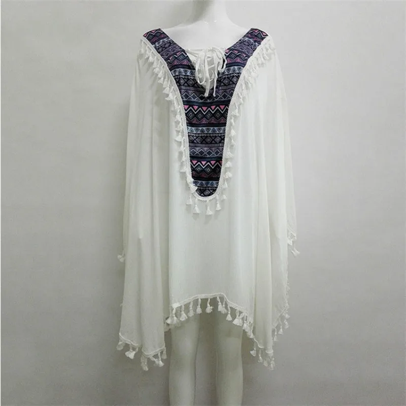 Enthnic пляжное платье с кисточками большие размеры блузки Boho v образный вырез
