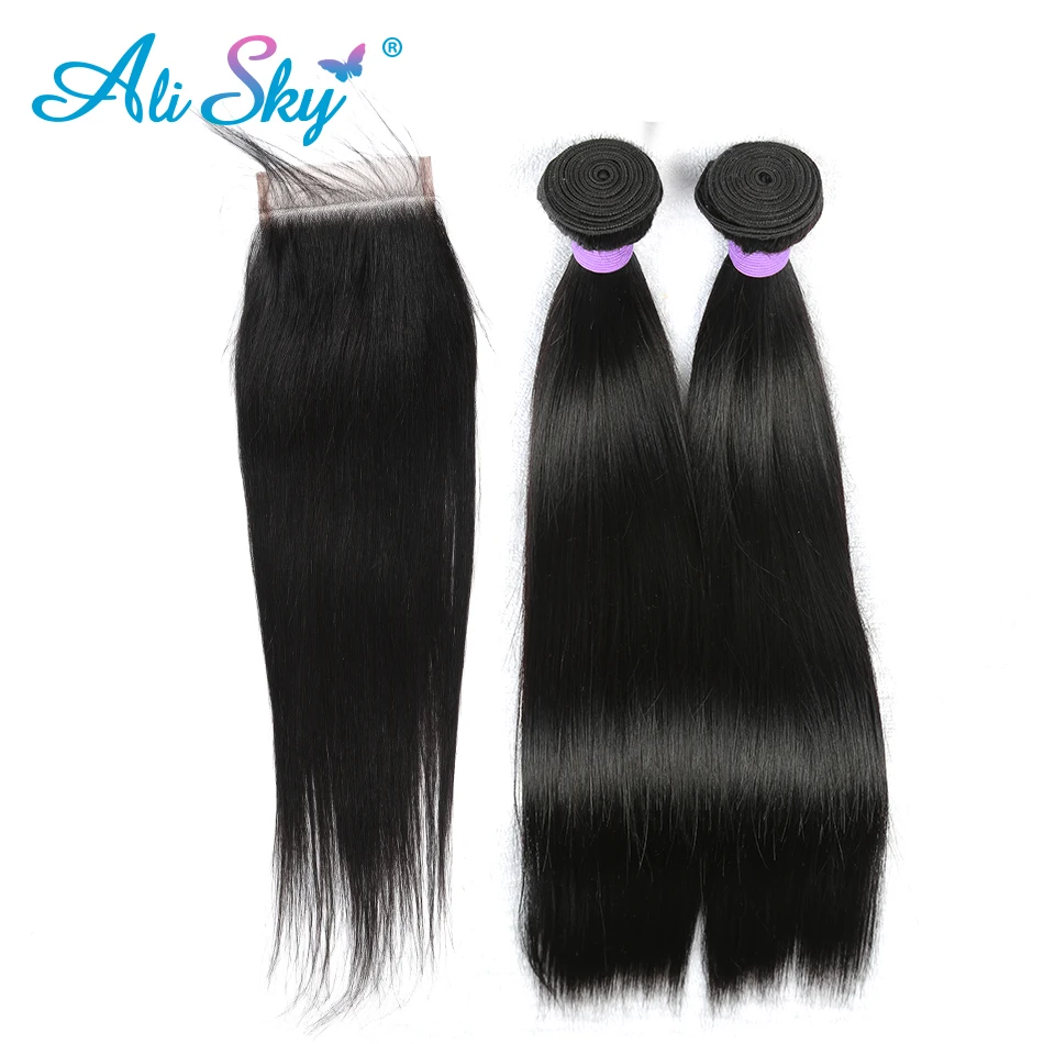 Перуанские прямые пучки волос с закрытием ALISKY человеческие волосы 2 пучка 4x4 Топ