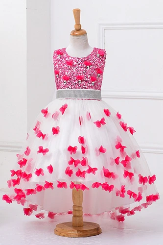 rose red Высокий Низкий мягкий кружевной тюль платье с цветочным узором для девочек бисером створки Детские вечерние платья Свадебная вечеринка Пышное Платье для девочки - Цвет: rose red