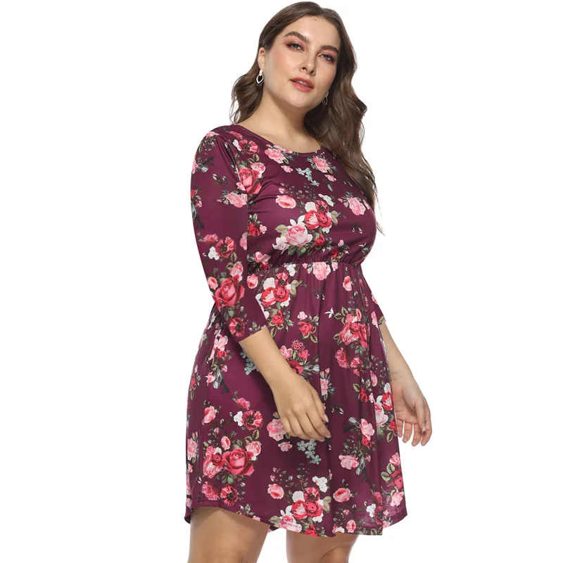 Plus Size Floral Print Tunic Women Dress Three Quarter Sleeve Autumn Summer Elegant Vocation 4XL Party Mini Dresses | Женская одежда