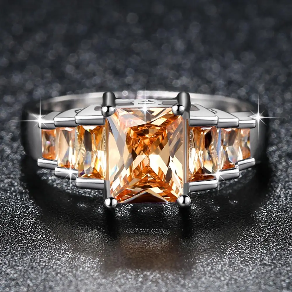 

Beiver 2018 New Fashion Champagne Princess cut AAA Cubic Zirconia Wedding Brand Rings for Women Silver Color Jewelry Best Gifts