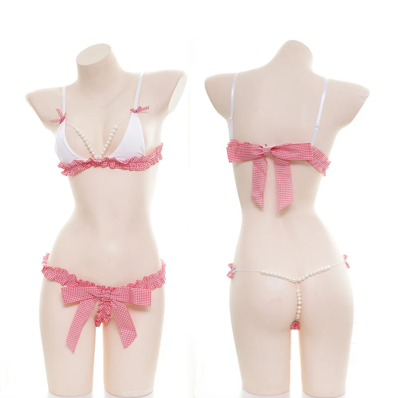 Сексуальный розовый клетчатый набор белья бикини с жемчужной цепочкой японское