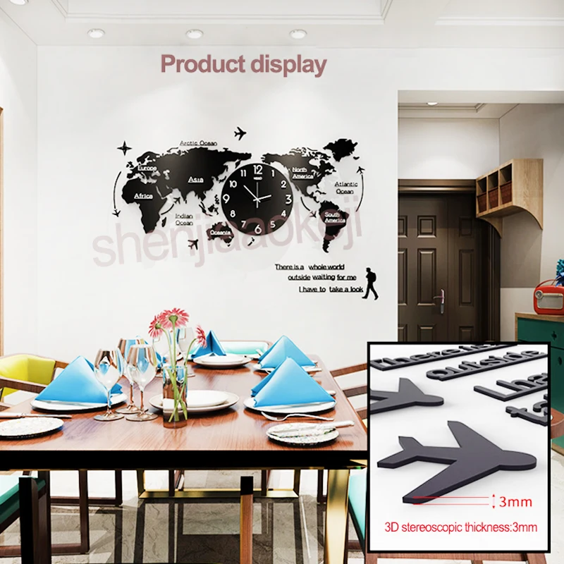 Большие настенные часы с картой мира современный дизайн 3D наклейки Подвесные