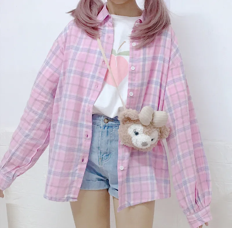 Harajuku девушка блузки для малышек женщин с длинным рукавом Свободные розовый
