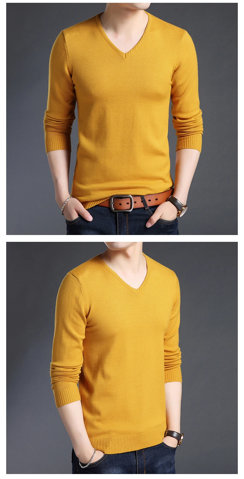 Новинка, модный брендовый мужской свитер, пуловер с v-образным вырезом, облегающие вязаные Джемперы, одноцветные, Осенние, корейский стиль, повседневная мужская одежда
