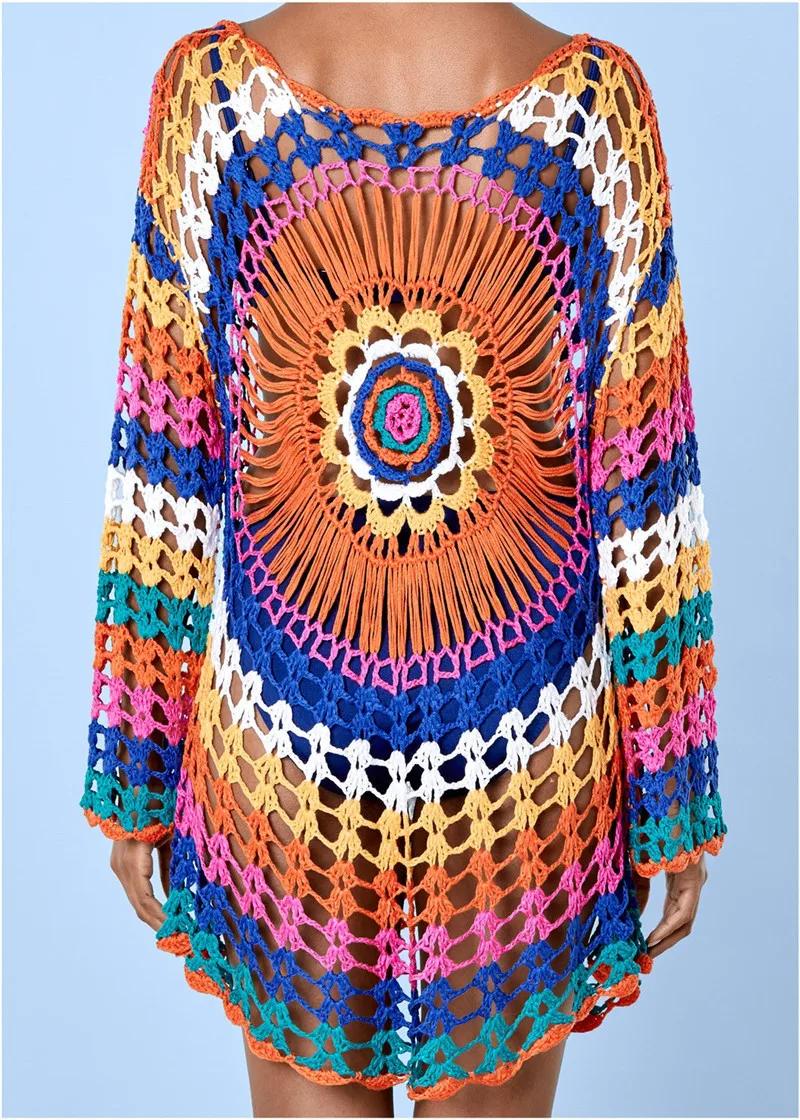 

Women Sexy Hollow Crochet Floral Pattern Beach Tunic Patchwork Pareo Ladies Cape Cover Boho chic long sleeve beach rainbow dress