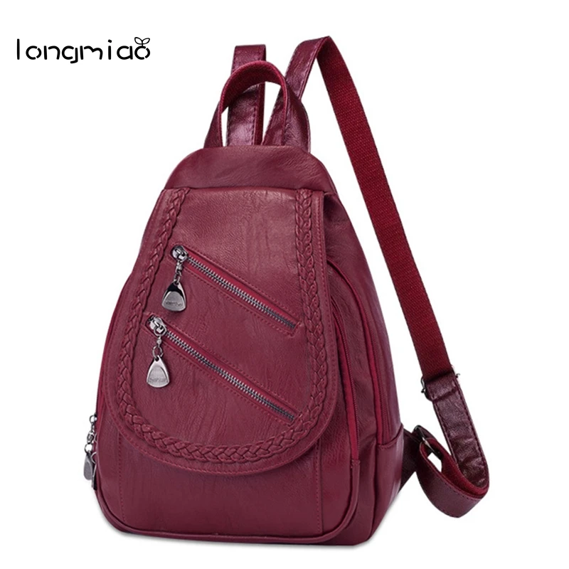 

longmiao Women Backpack School Vintage soft PU Leather Bookbags for College Design Waterproof Casual Daypacks Mochila Feminina