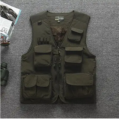 thick green Зимний флисовый теплый мульти-карманный рыболовный жилет Летний Открытый скалолазание Тонкий Сетчатый дышащий мужской Тактический спортивный жилет топы - Цвет: thick green