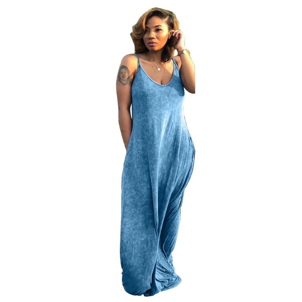 Vestidos 2018 Summer Baggy Women Boho Strap Sexy V Neck Sleeveless Dress Casual Loose Long Maxi Solid Oversize 2XL | Женская одежда