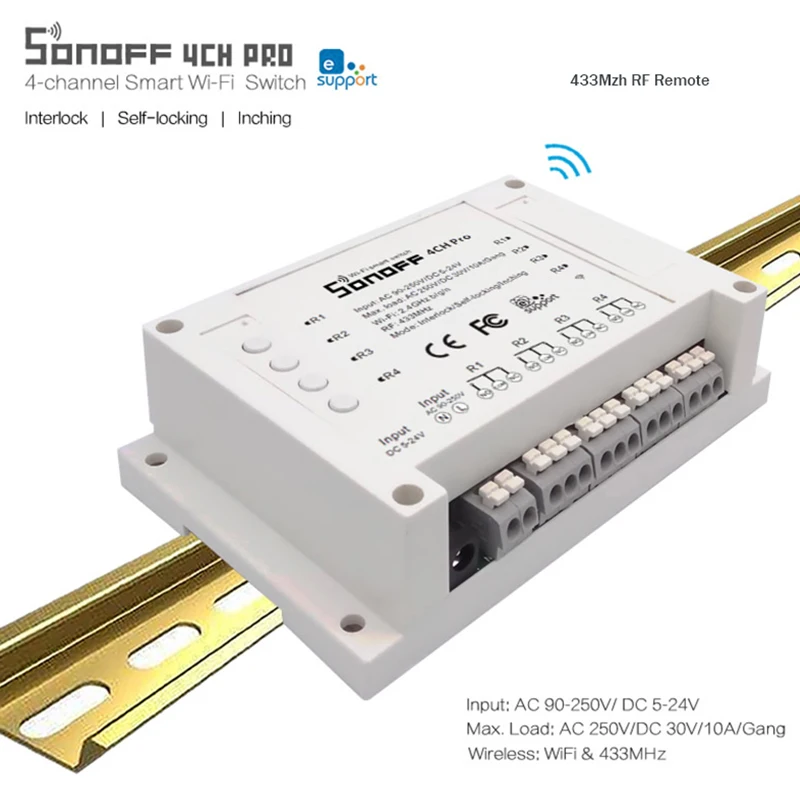 Sonoff 4CH Pro 4 канала WiFi RF Смарт вкл/выкл умный пульт управления инчинг/самоблокирующийся/блокировка/таймер на din-рейке