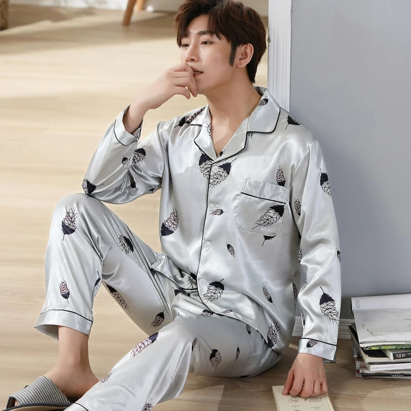 Новая весенне осенняя мужская шелковая атласная пижама с длинным рукавом