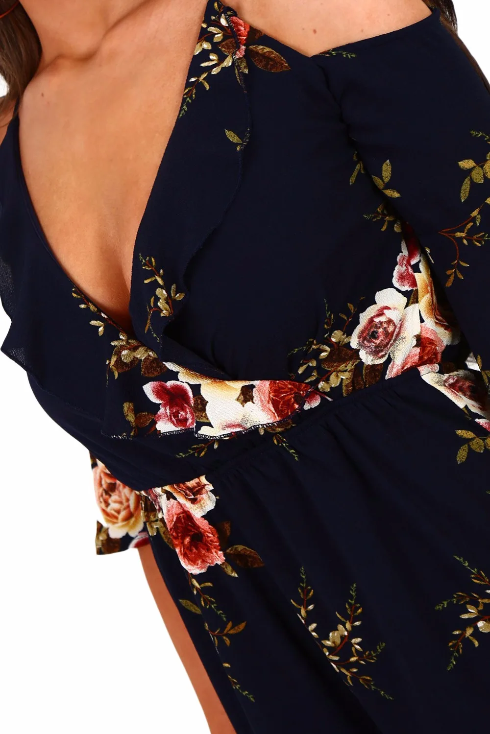 Абрикос multi цветочные оборками Обёрточная бумага открытыми плечами комбинезоны