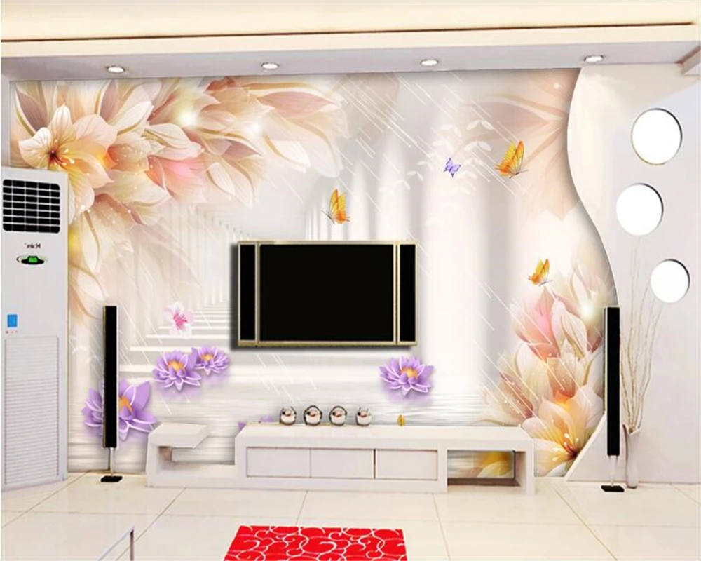 

beibehang Modern advanced decorative painting wall paper fantasy lilies purple lotus 3D stereoscopic TV background 3d wallpaper