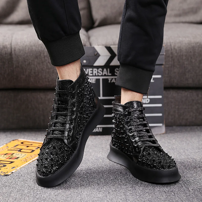 British luxury fashion men party banquet dresses soft leather rivet shoes flat platform shoe personality hip hop ankle boots man