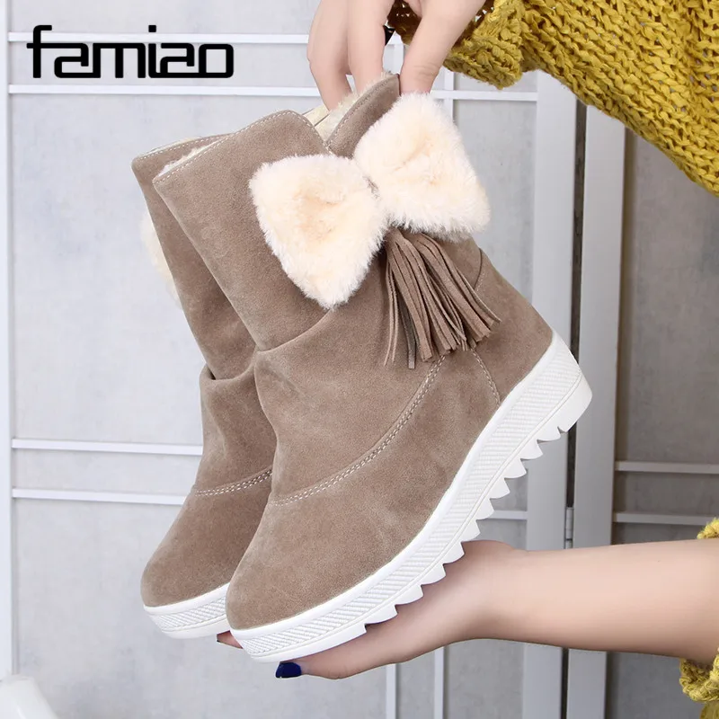 FAMIAO 2017 Snowshoes Women's snow Boots with Wool Fur Soft Ankle Women Genuine Leather Winter bowknot boots | Обувь