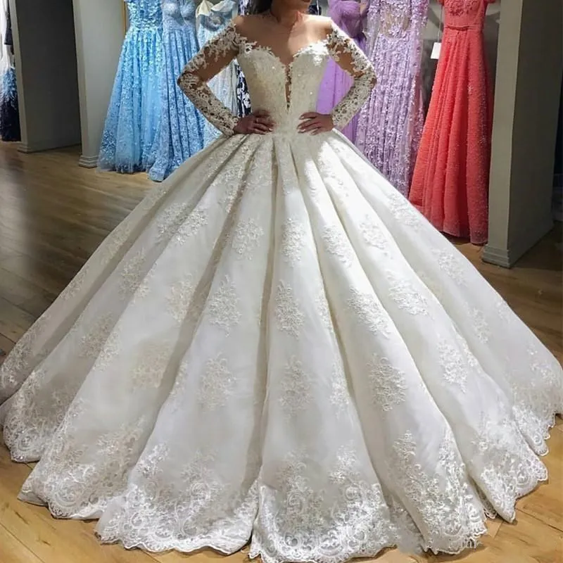

Long Sleeves Wedding Dresses ball gown Sheer Neck Gorgeous Lace Applique Floor Length Wedding Gown Custom Bridal Gowns