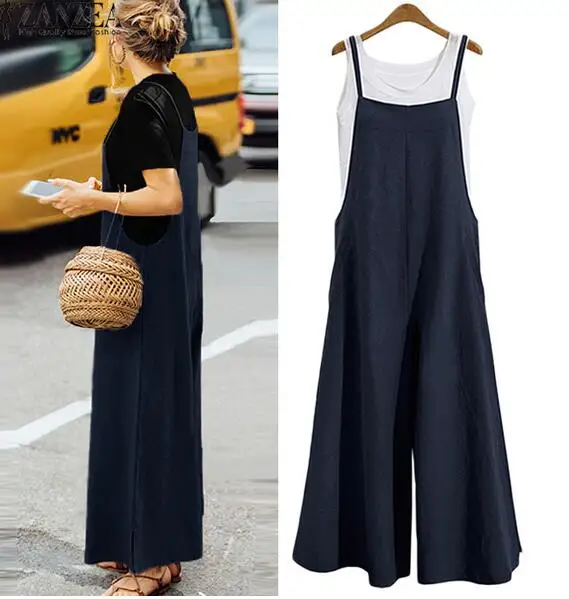 2018 Women Solid Brief Cotton Dungaree Overalls Casual Loose Vintage Bib Romper Suspender Wide Leg Long Pants Pockets Jumpsuit | Женская