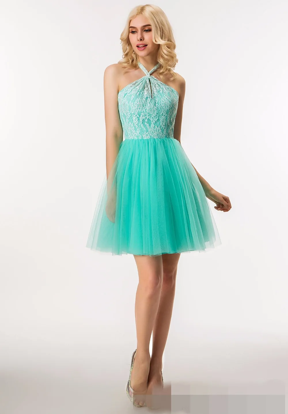 2019 настоящая Страна короткие платья подружки невесты Холтер мятный кружевной