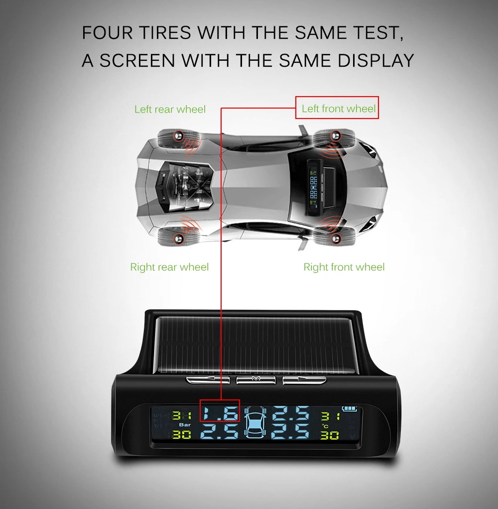 Car TPMS Wireless Tire Pressure Monitor Alarm System+4 External Sensor Tyre Detector Real-time Monitoring Solar/USB Charge Power |