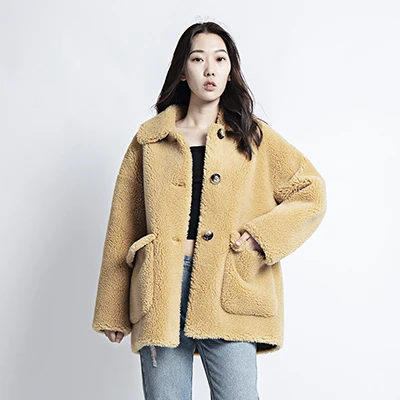 Dark Yellow Зимняя куртка из натурального меха, 30% Натуральная овечья шерсть, пальто из искусственного меха, Женская Праздничная пушистая куртка mex kawaii, короткая одежда, новое поступление - Цвет: Dark Yellow