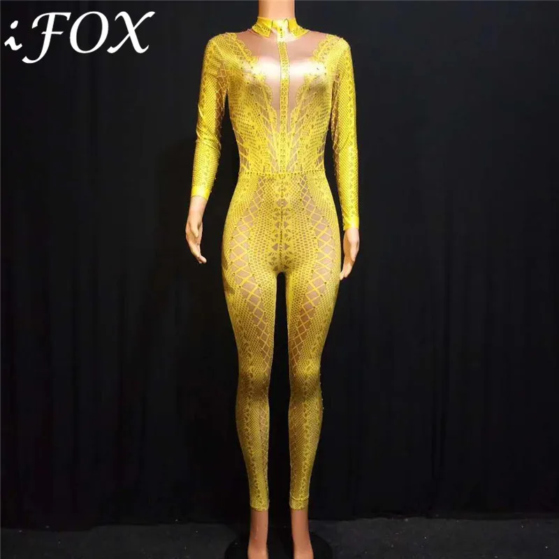 

Сексуальный цельный костюм для ночного клуба, Женский танцевальный костюм певицы, желтый, белый, черный комбинезон Стразы с 3D принтом, одежд...