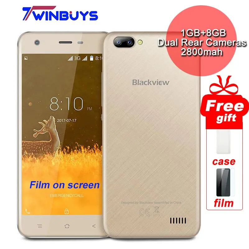 Оригинал Blackview A7 Смартфон Android 7.0 двойной камеры заднего MT6580A Quad Core 5.0 &quot1 ГБ + 8 2800