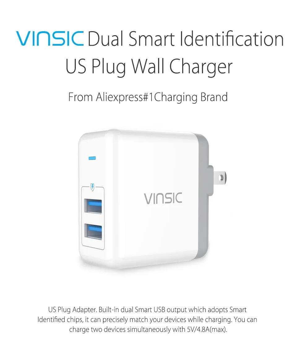 VINSIC 5 в 4.8A портативное двойное USB зарядное устройство для путешествий настенное зарядное устройство адаптер для iPad iPhone X 8 8 Plus iMac Xiaomi huawei Sumsung Nokia