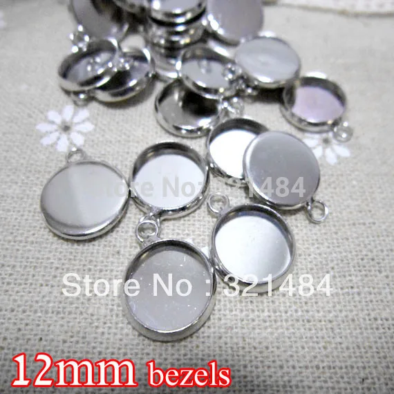 Rhodium plated 500piece 12mm bezels round hung charm earring dangle pendant tray jewelry blanks cameo base cabochon setting