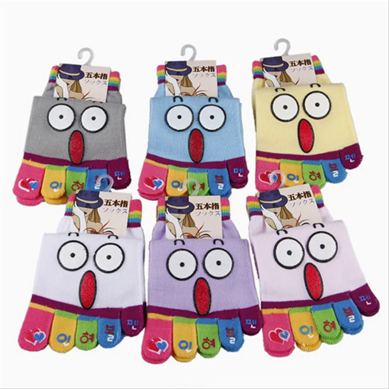 Kawaii Women's Five Toe Socks 5Pairs/Lot Cartoon Smiley Face Skid Resistance 5 Finger Female Lady Colorful Finger Cotton Sock