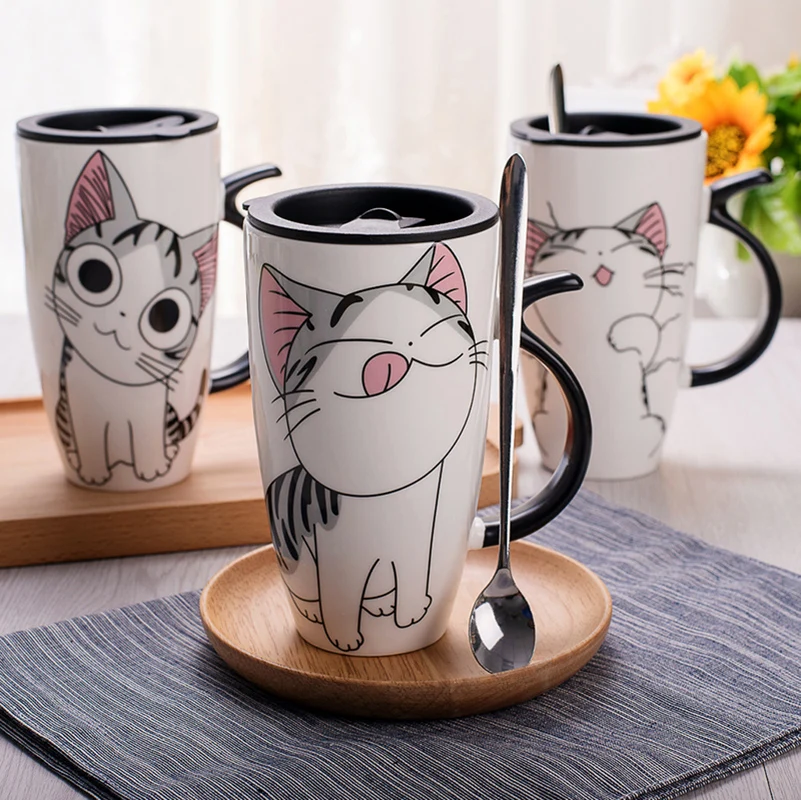 600 мл Симпатичные Cat Стиль Керамические Кружки с Крышкой и Ложкой Мультфильм