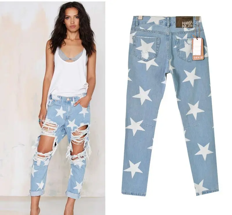 2017 Европейский Для женщин новые отверстия джинсы свободные прямые ноги штаны BF