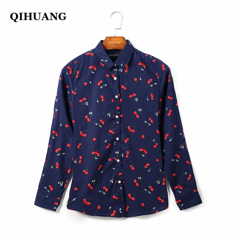 QIHUANG 2019 Fashion Women Blouse Cotton Cherry Print Long Sleeve Whiter Shirt Plus Size 5XL Tops and Blouses Streetwear | Женская