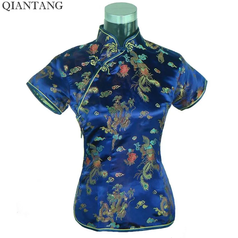 

Navy Blue Traditional Chinese Womens Shirt Satin Tops Mandarin Collar Blouse Lady Clothing Top Dragon Phoenix S-XXL