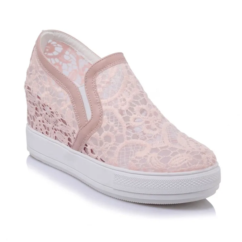 Туфли-лодочки; сезон весна-осень; Новая модная женская обувь на низком каблуке с круглым носком и кружевной сеткой; большие размеры 32-45