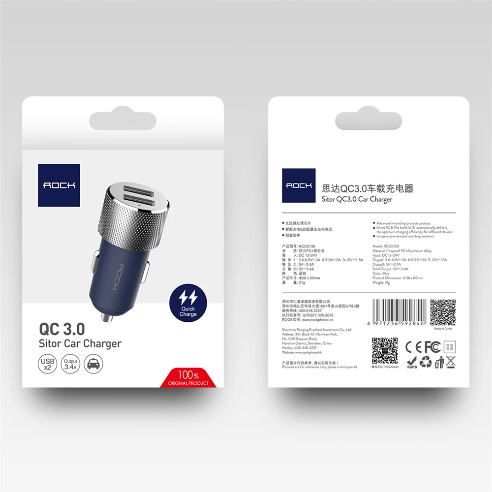 Rock автомобильное зарядное устройство для Xiaomi 18 W Qc3.0 Быстрая зарядка двойной Usb быстрая зарядка автомобильное зарядное устройство для iPhone 7 samsung huawei в автомобильный адаптер