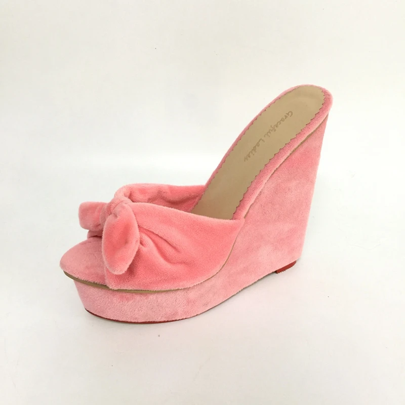 Милые розовые женские шлепанцы на танкетке высоком каблуке с бантом открытым