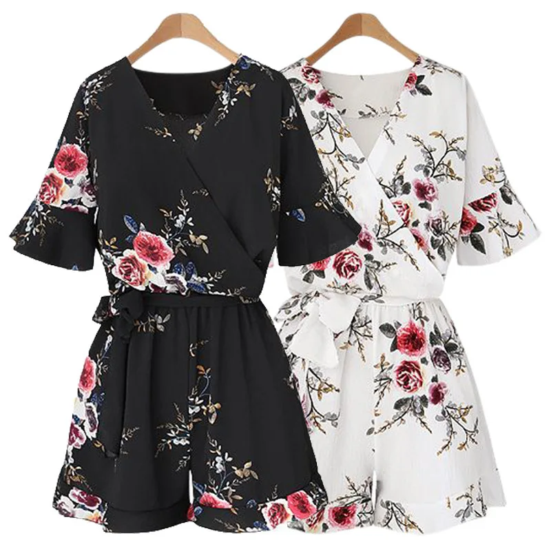 Женский шифоновый комбинезон с V образным вырезом и коротким рукавом|Комбинезоны