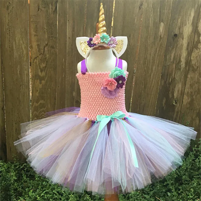 

Cute Girls Flower Tutu Dress Baby 2Layers Crochet Tulle Tutus with Ribbon Bow and Headband Kids Birthday Party Costume Dresses
