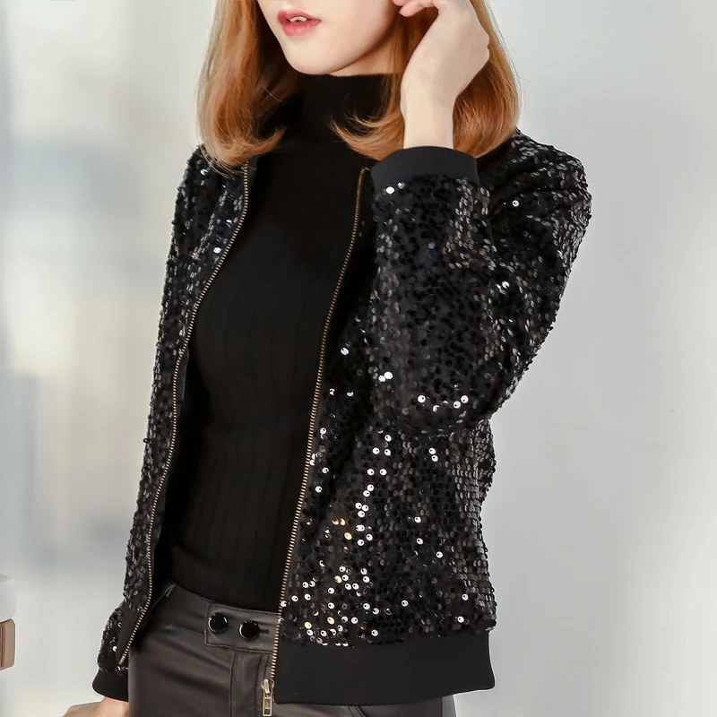 Женская бейсбольная куртка черная свободная с блестками и вышивкой вес 2019 кг