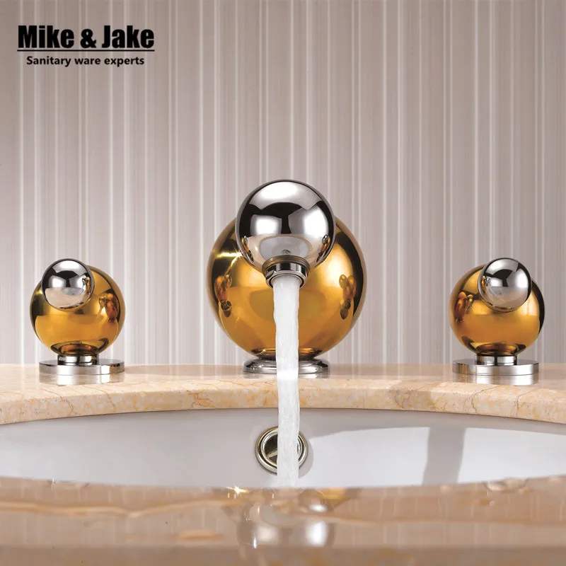 Золотистый смеситель для раковины кран с двойной ручкой и тремя отверстиями