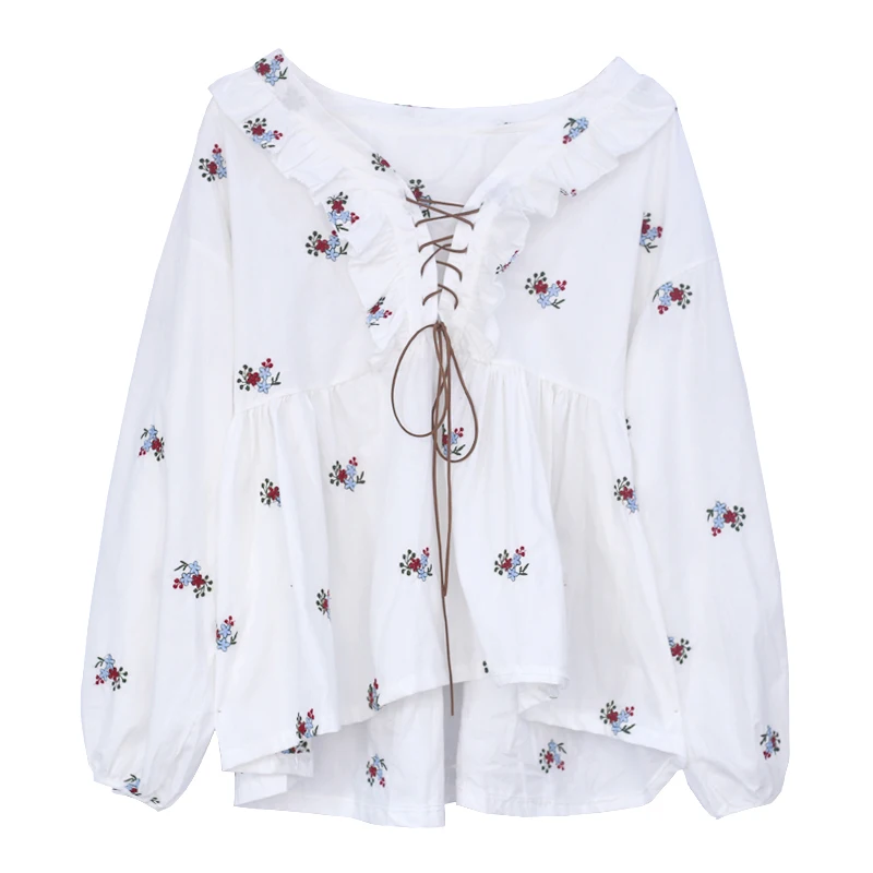 

casual puff sleeve v-neck floral Spring and autumn style full loose Korean ladies tops Women's Clothing fashion brand Shirts