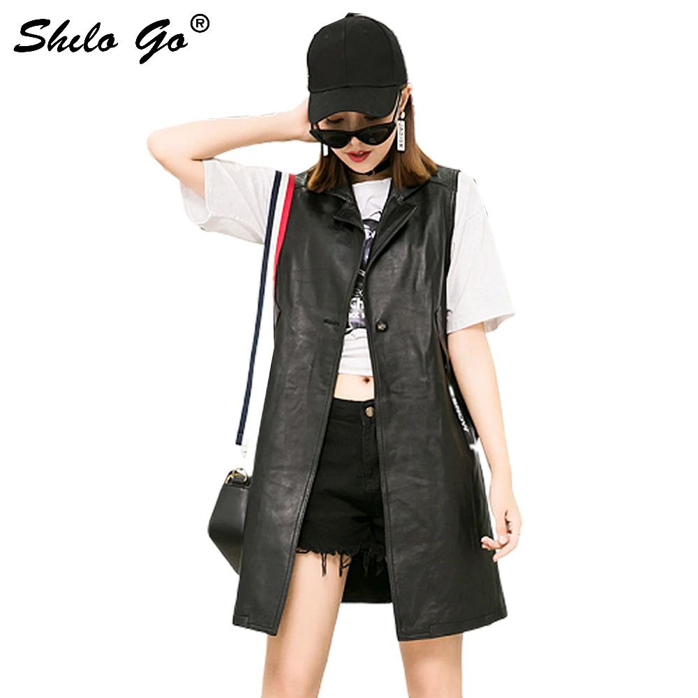 Streetwear Leather Vest Women Summer Casual Sleeveless Single Breasted Sheepskin Genuine Long Side Pocket Vests |
