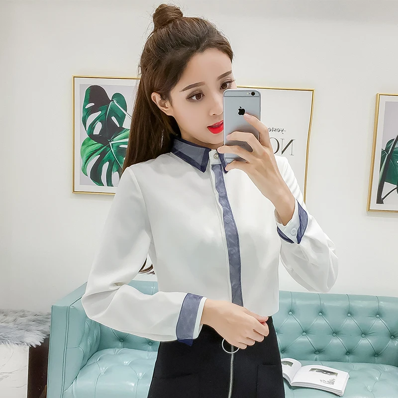 2020 long sleeves women blouses shirts autumn chiffon shirt female clothes blue and white women's tops solid OL blusas 0889 40 | Женская